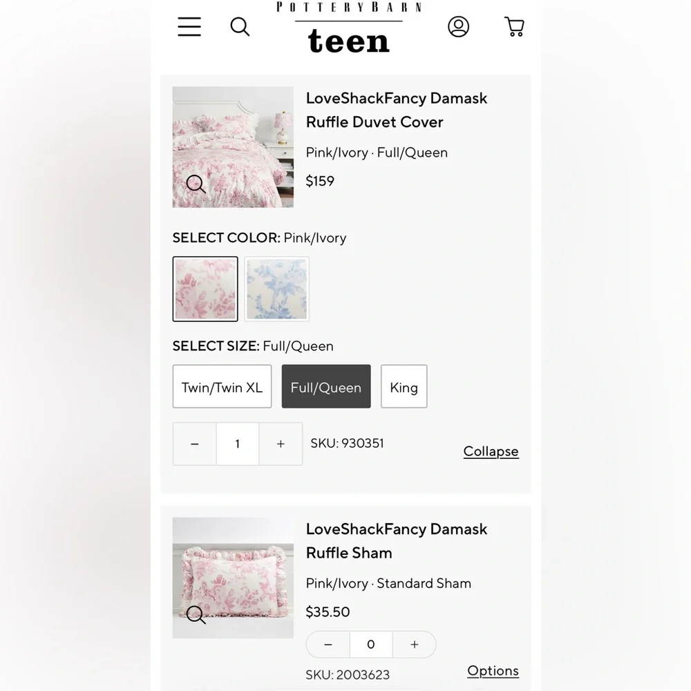 LoveShackFancy Pottery Barn Teen Damask Ruffle Duvet Cover and two shams - Picture 4 of 5